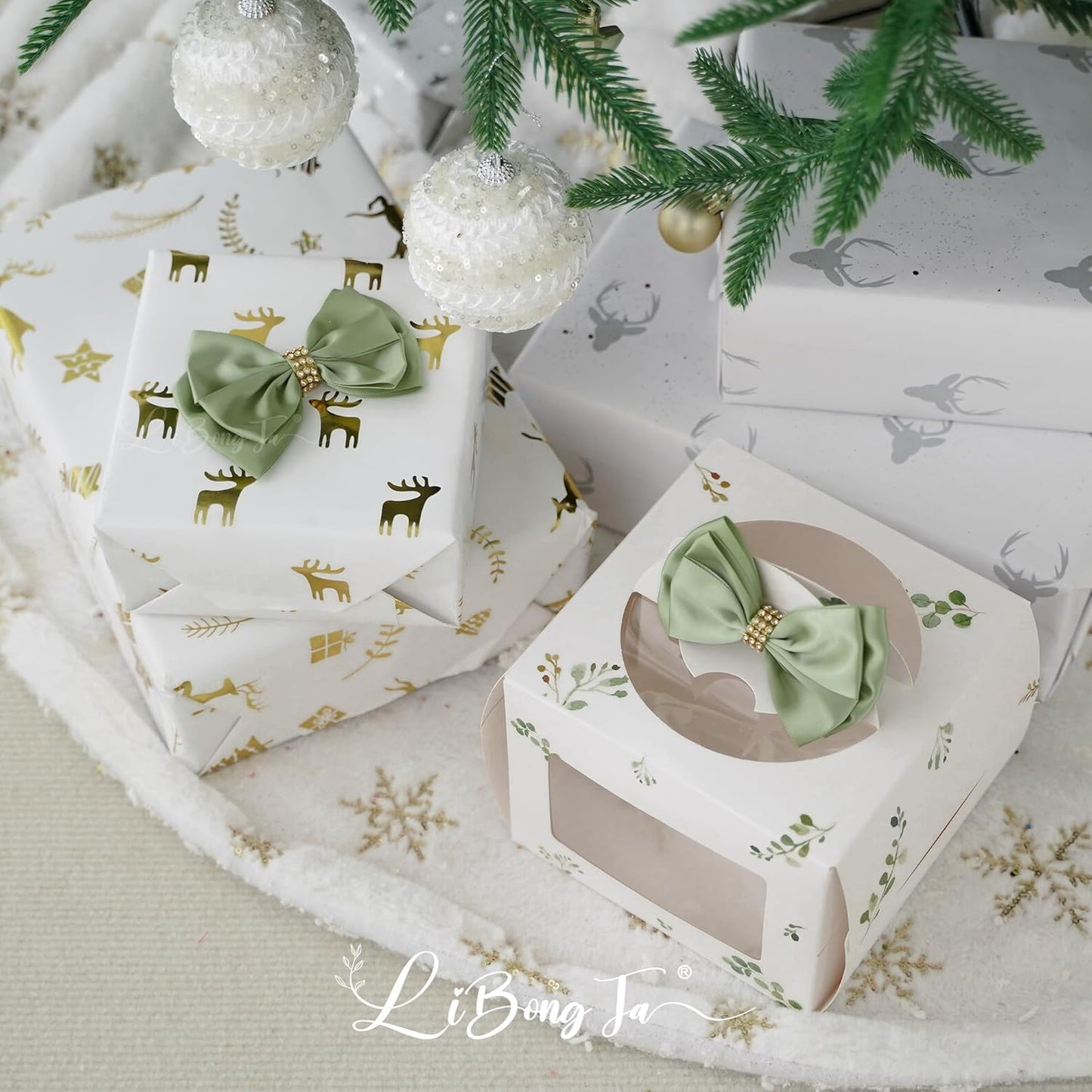 Sage Green Bows 4'' Premade Satin Ribbon Bow, Gift Bows with Rhinestone, Wrapping Bows for Presents, Greeting Cards, Treat Bags, Wine Bottles, Valentines Bows for Gift Wrapping-12 Counts