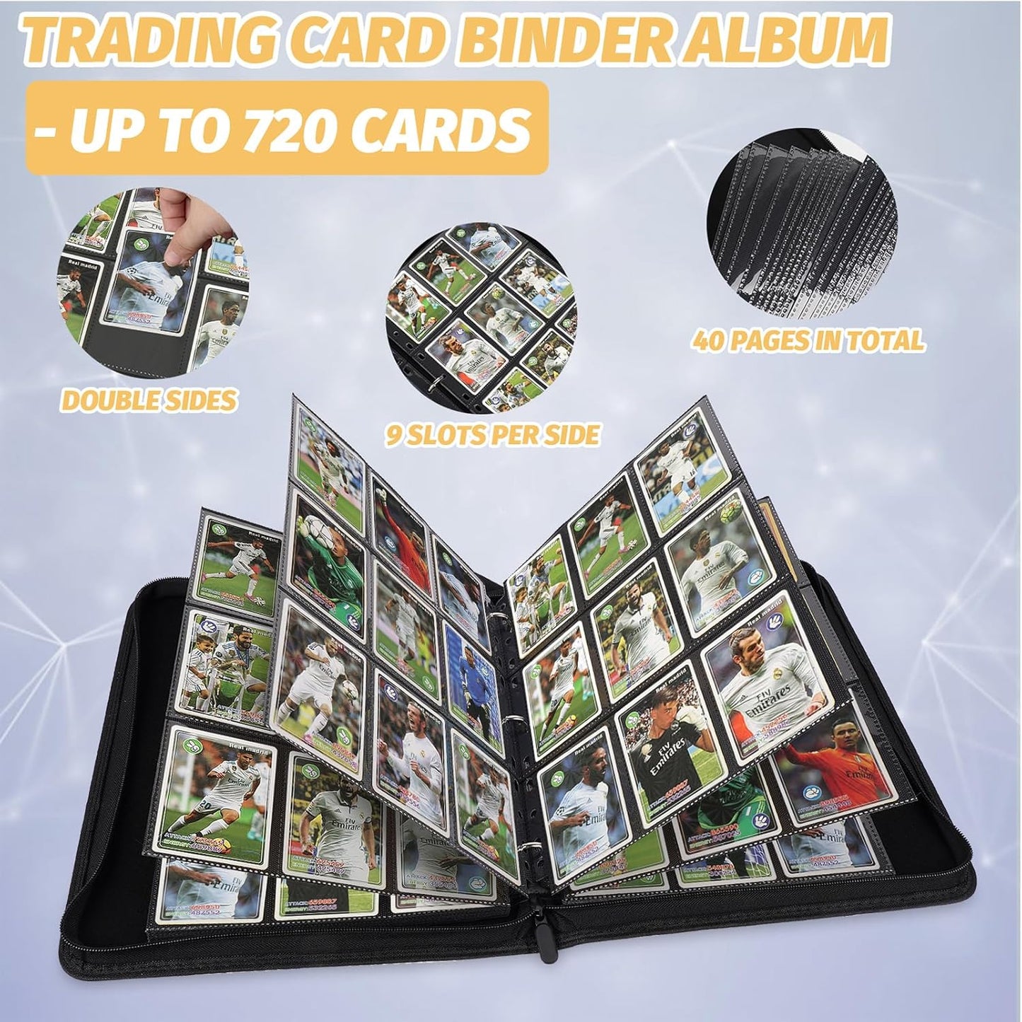 Trading Card Binder, 720 Pockets Card Binder, 9-Poccket Sided Pocket Sports Card Binder, Premium Card Binders Compatible with MTG, TCG, Baseball Cards(Dimond Blue)