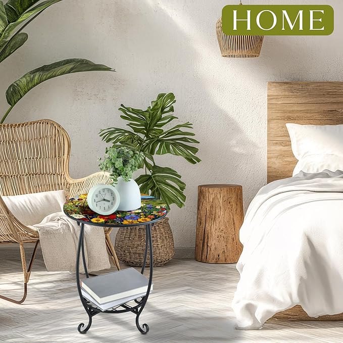 Cinnvoice Outdoor Side Table Round Small Mosaic Patio Accent Indoor End Plant - Image 6