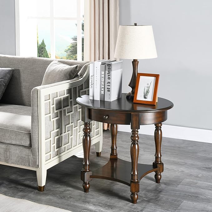 Oval End Table with Drawer, Solid Wood Sofa Side Table with Storage Shelf - Image 9