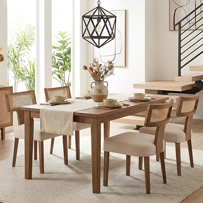 HNY Mid Century Modern Rattan Dining Chairs Set of 4, Farmhouse Linen - Image 8