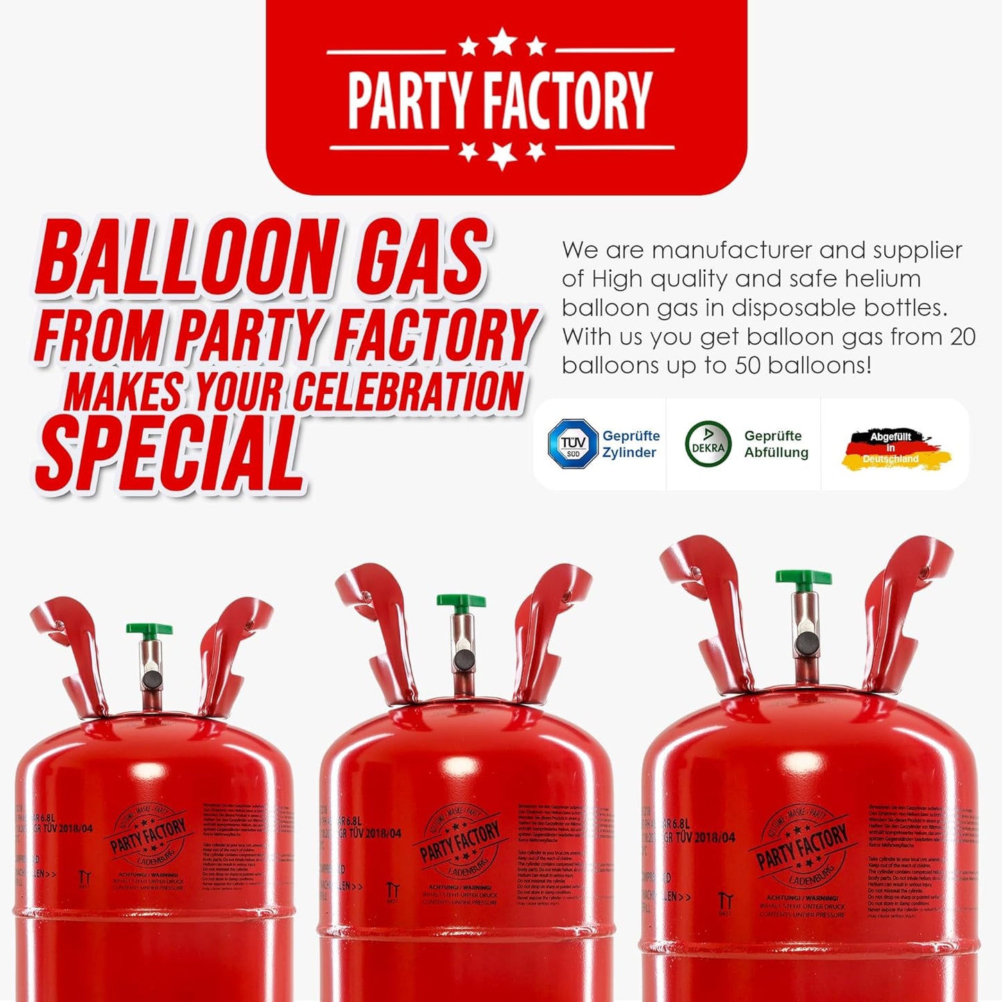 Party Factory set of 3 helium tanks for up to 50 balloons each, 3 helium cylinders with 14.1 cu. ft. gas each for party latex-, foil balloons