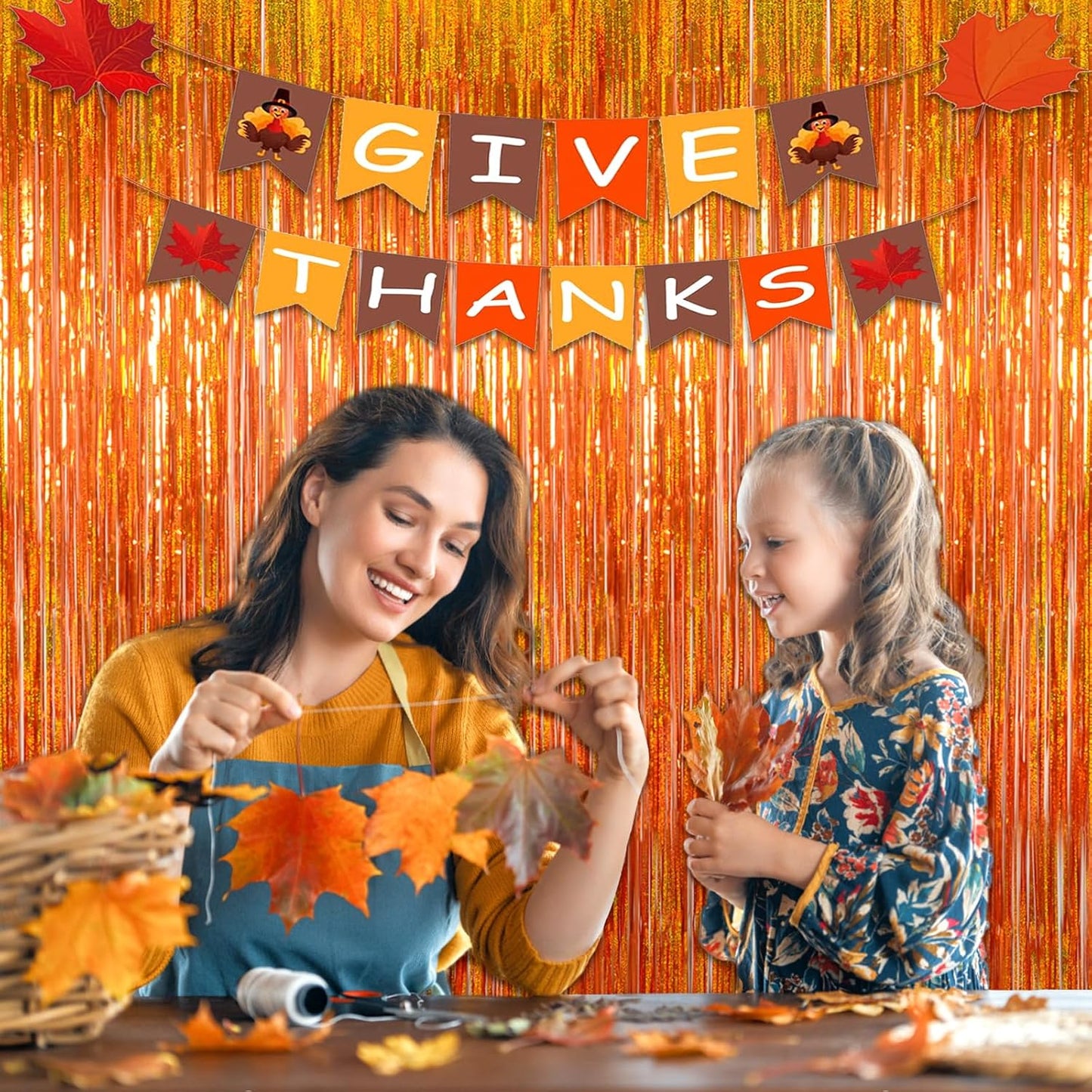 Melsan Orange Tinsel Backdrop Curtains, 3.2ft x 8.2ft Sparkle Metallic Foil Fringe Curtain for Basketball Thanksgiving Halloween Birthday Party Decorations, 2 Packs