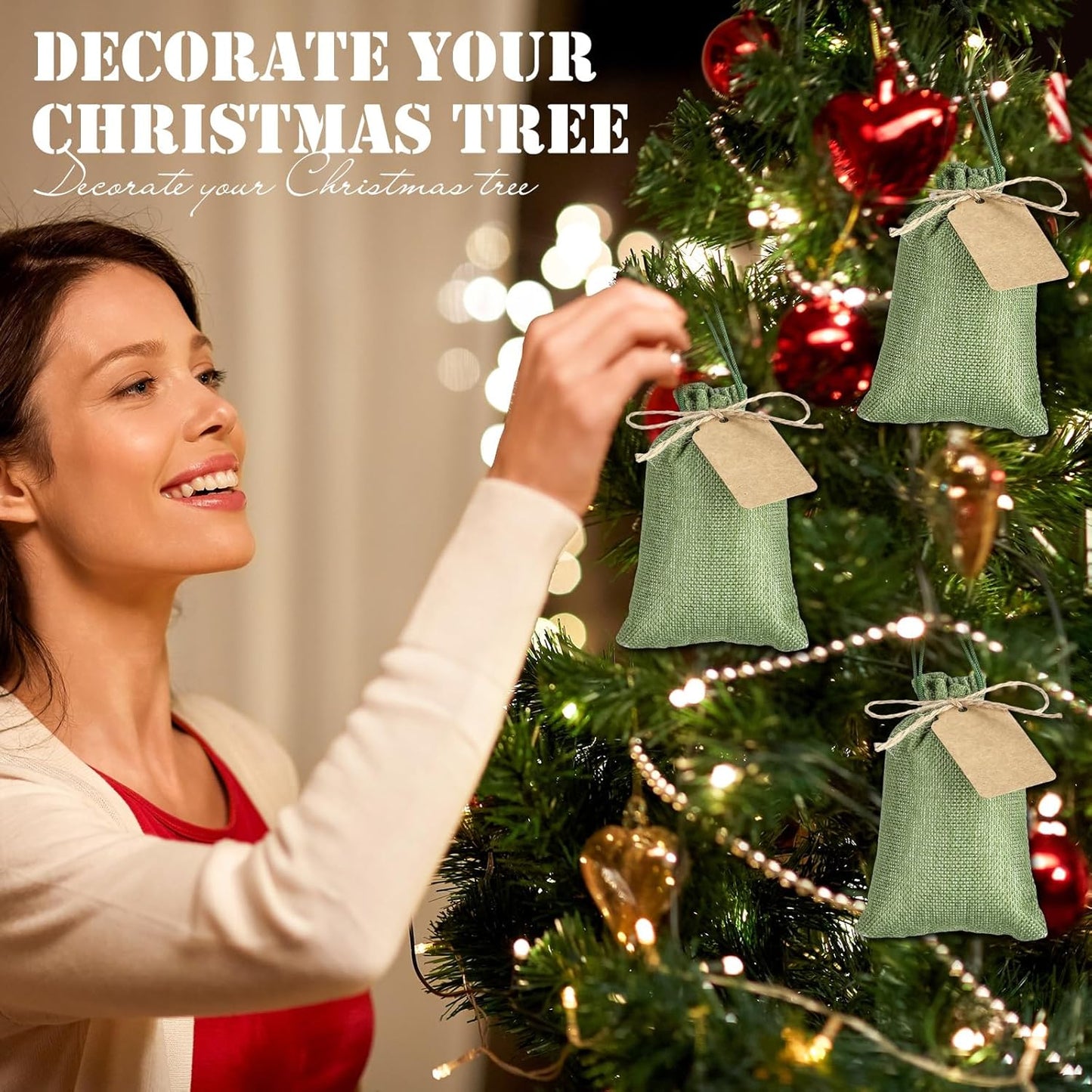 Woanger 100 Pcs Burlap Gift Bags with 100 Pcs Kraft Paper Gift Tags Drawstring Favor Bulk Burlap Sack Bags for DIY Wedding Party Craft (4 x 6 Inch,Army Green)