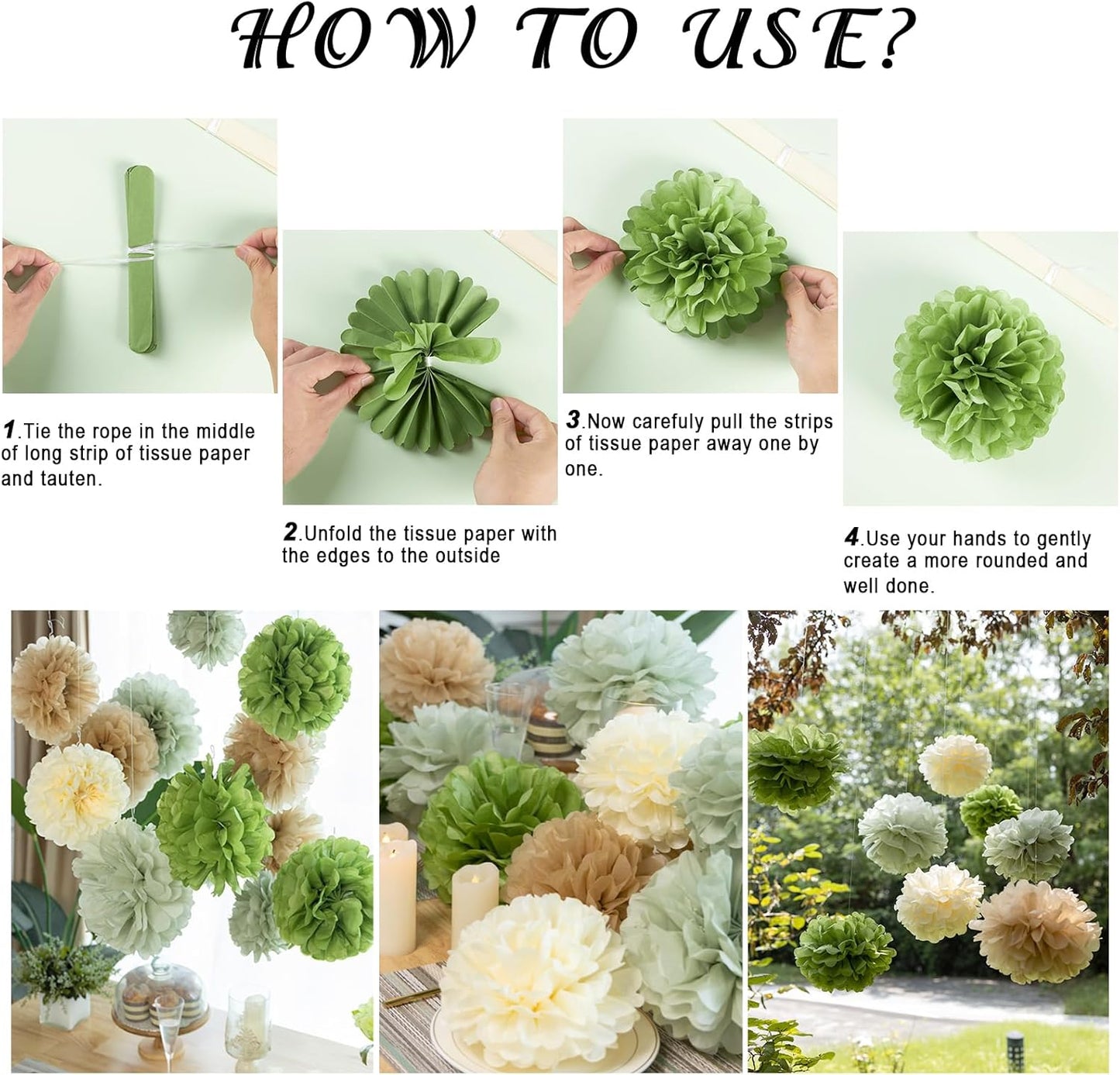 Olive Sage Green Tissue Paper Pom Poms Safari Jungle Party Decorations Paper Flowers Decorations Natural Green Boho Hanging Décor for Birthday Baby Shower Bridal Wedding Party Supplies