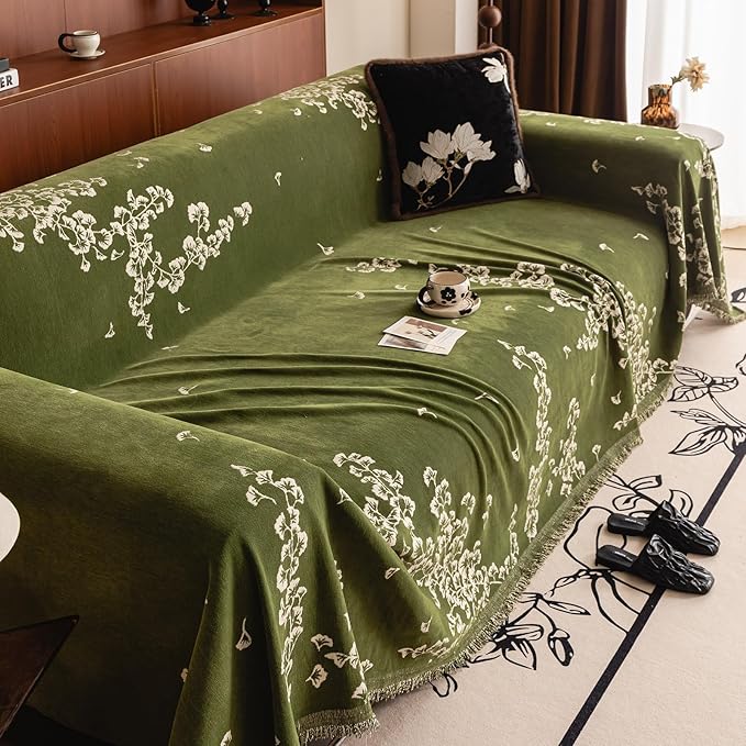 VClife Emerald Green Ginkgo Botanical Sofa Cover Non Slip Chenille Couch Cover - Image 9