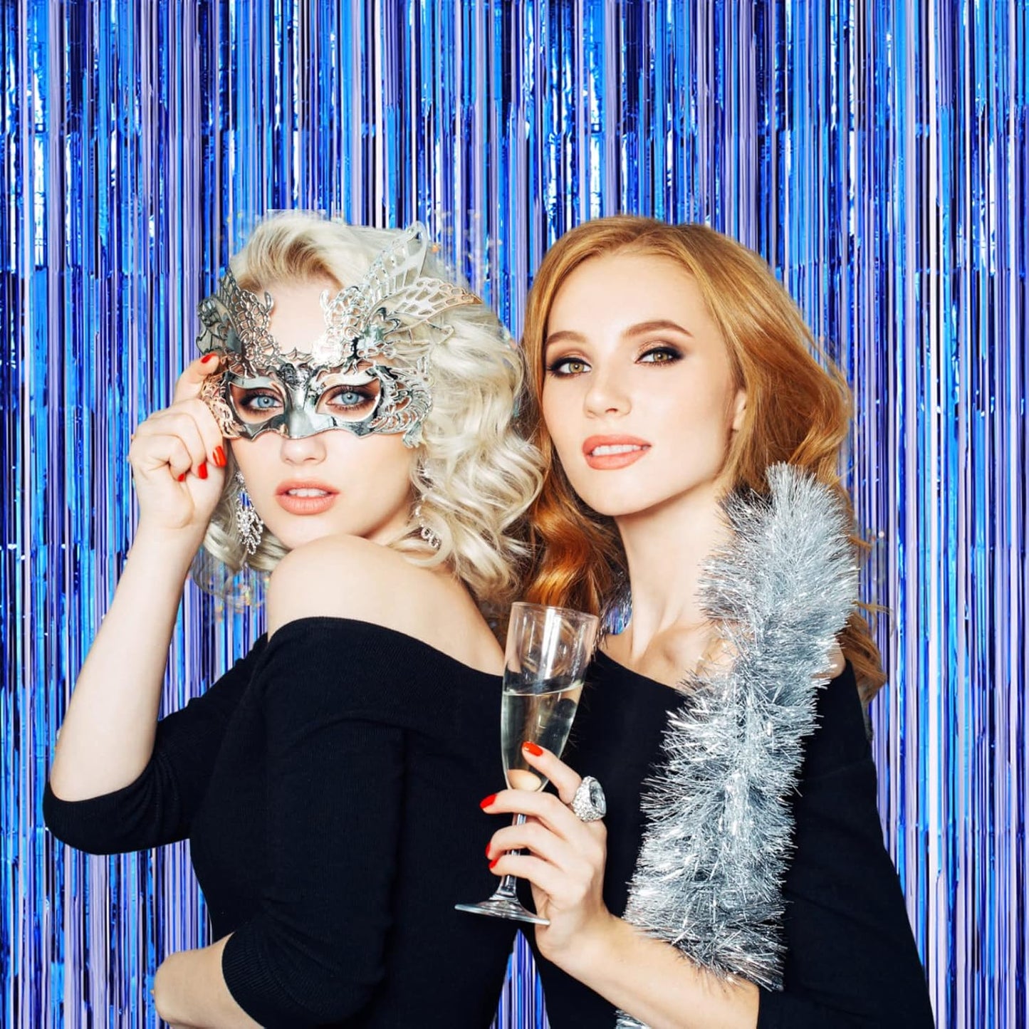 2 Pack Blue Foil Fringe Backdrop Curtains, Tinsel Streamers Party Decorations, Fringe Backdrop for Graduation, Disco Party