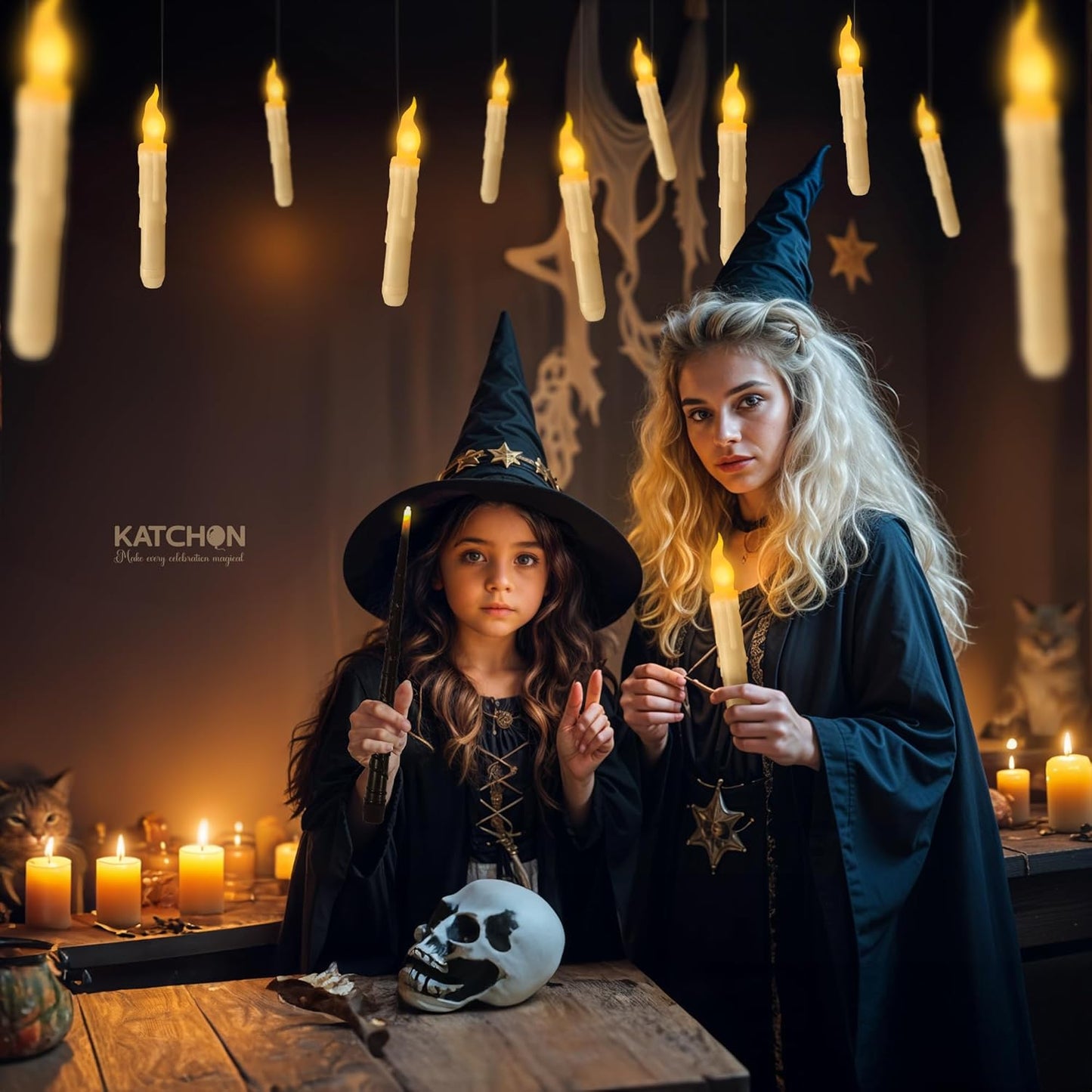 KatchOn, Halloween Floating Candles with Wand Remote - 12 Pcs, Magic Flickering Warm Light Flameless Floating LED Candle | Halloween Decorations for Home Indoor, Classroom Party