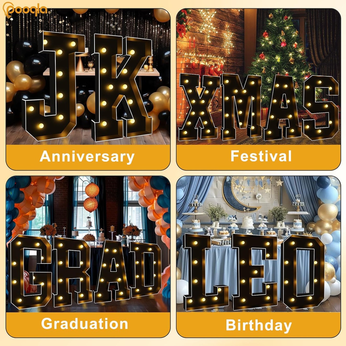 Pooqla 3FT Marquee Light Up Letters, Black LED Party Decor Large Marquee Letters 3 Feet Tall, Giant Mosaic Letter for Birthday Graduation Anniversary Wedding Decoration, Letter V