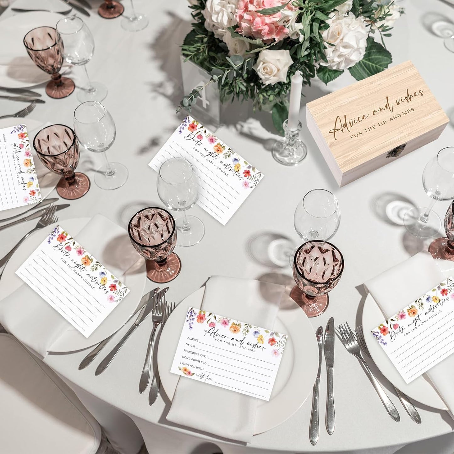 85 Pcs Advice and Wishes Cards Wooden Box Set for The Mr and Mrs,Pink Floral Rose Advice and Wishes Cards with Pen for the Groom and Bride,Bridal Shower Game,Wedding Party Decorations Supplies