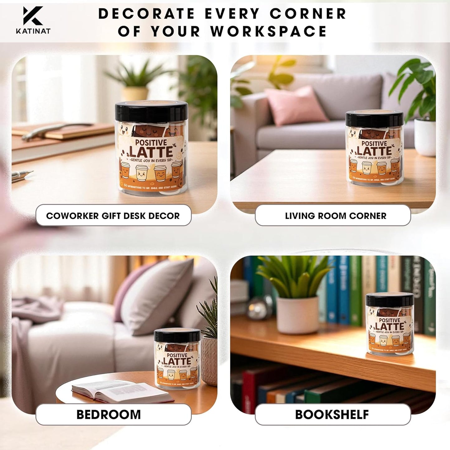 Positive Latte Affirmation Jar โ 60pcs Cute Emotional Support Lattes โ Coffee Gifts for Women, Menโ Birthday Gift, White Elephant Gift for Coworker, Boss, Nurse, Teacher, Teens, Back to School Gifts