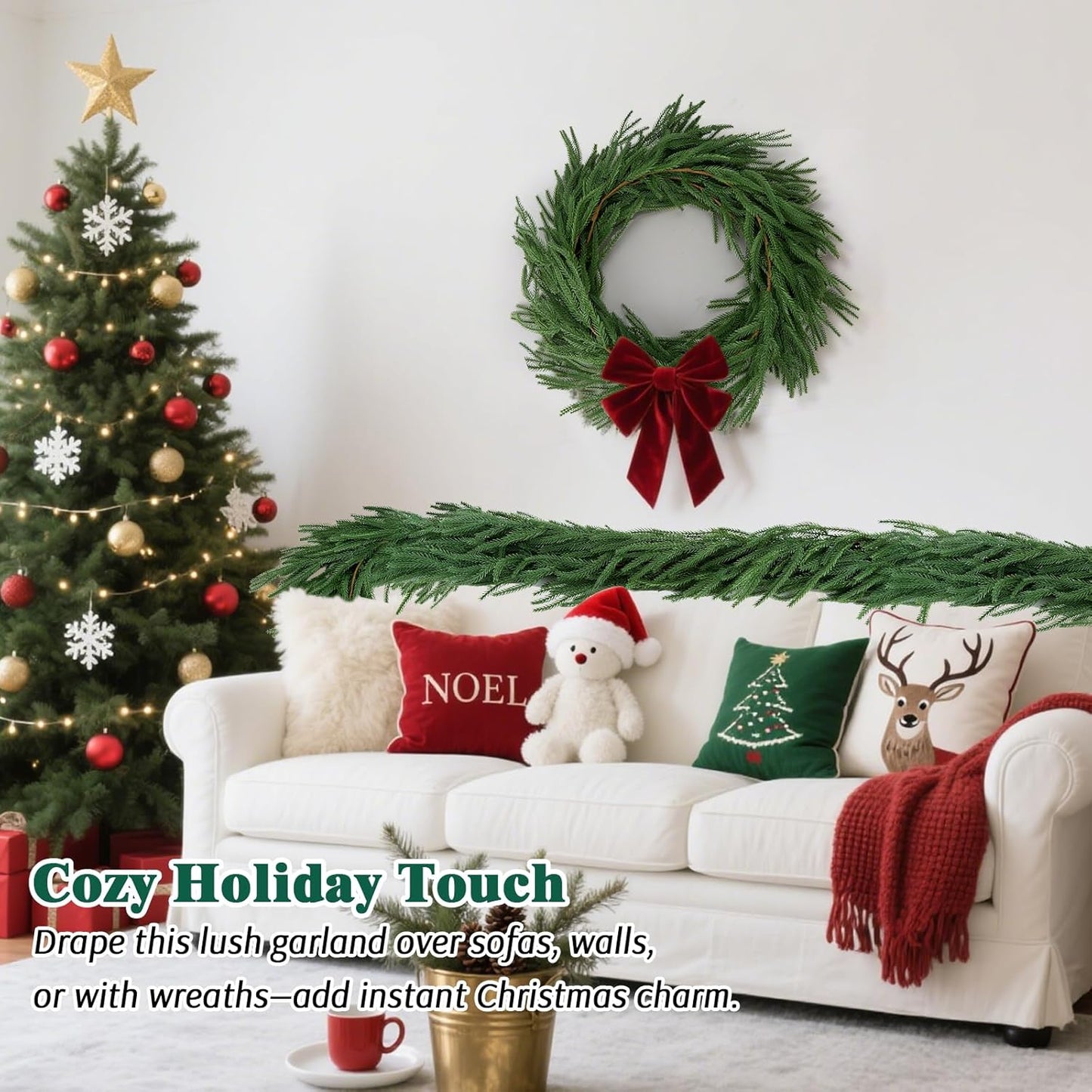 12FT(2 * 6FT)Norfolk Pine Garlands, Christmas Cedar Garland, Real Touch Faux Green Garlands, Winter Artificial Greenery Garland for Mantle, Stairs, Table, Fireplace, Indoor & Outdoor Xmas Decorations