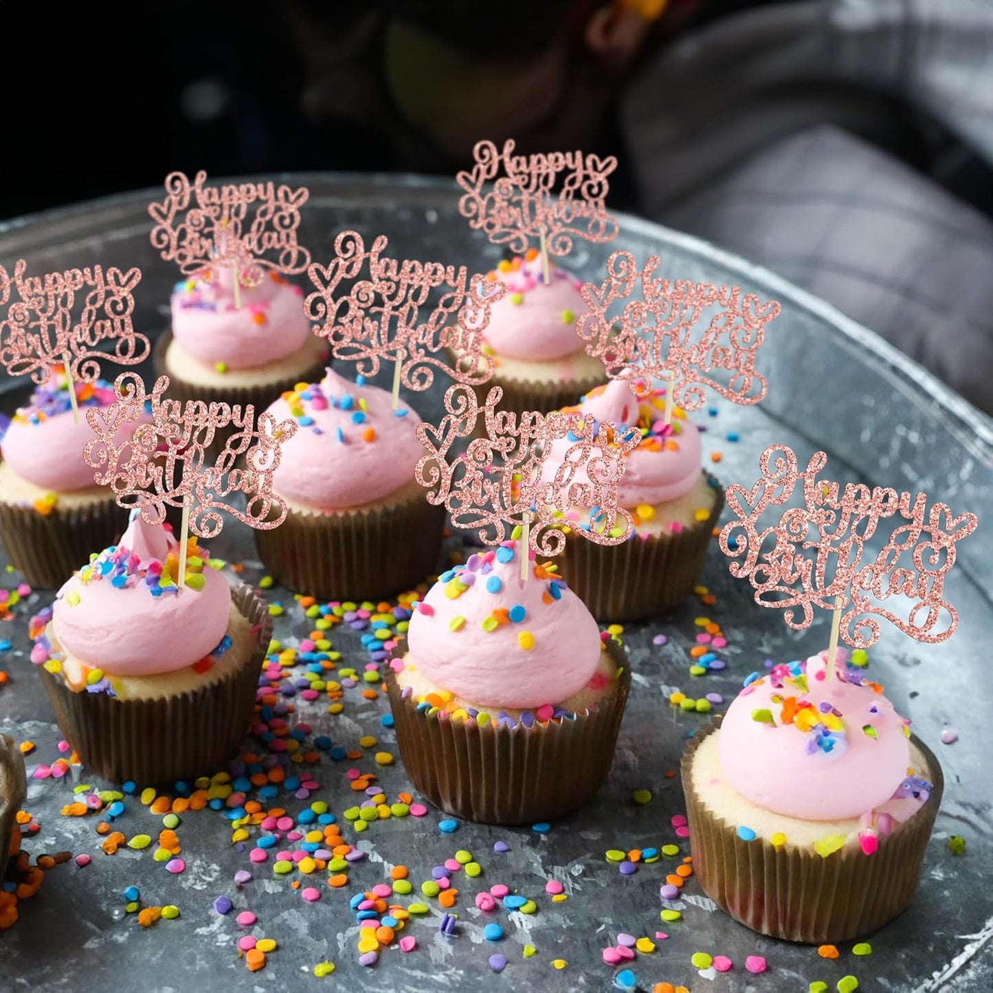 Gyufise 24Pcs Happy Birthday Cupcake Toppers Glitter Happy Birthday Cupcake Picks for Celebrating Happy Birthday Anniversary Theme Party Cake Decorations Supplies Rose Gold