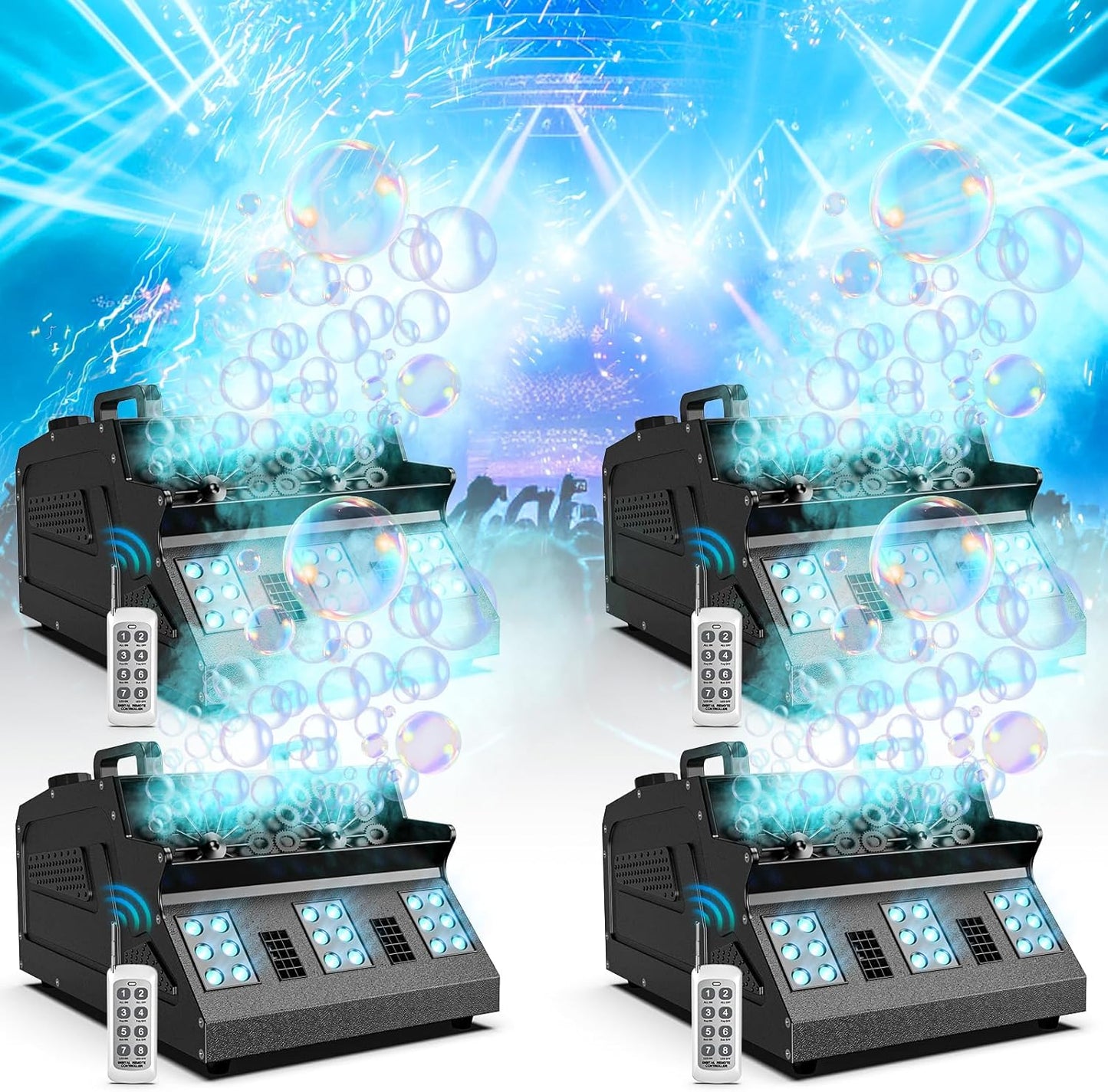 2000W Fog Machine, 3 in 1 Fog Bubble Machine with 2 Bubble Fans, 18 RGB LED Lights Smoke Bubble ALL IN ONE Fog Machine, Bubble Machine for Halloween Christmas Party Wedding, 4 Pack