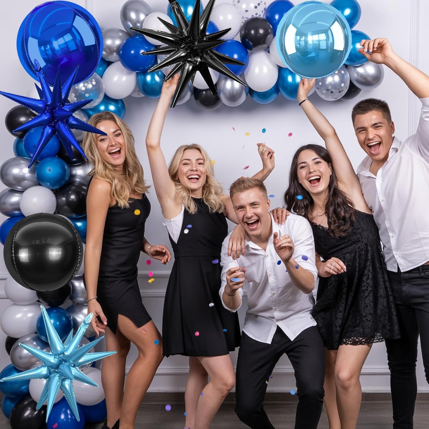 6Pcs Black Blue Foil Balloons,22Inch Navy Blue Black 4D Round Ball Balloon and Explosion Star Balloon for Birthday Wedding Baby Shower Anniversary Party Decorations