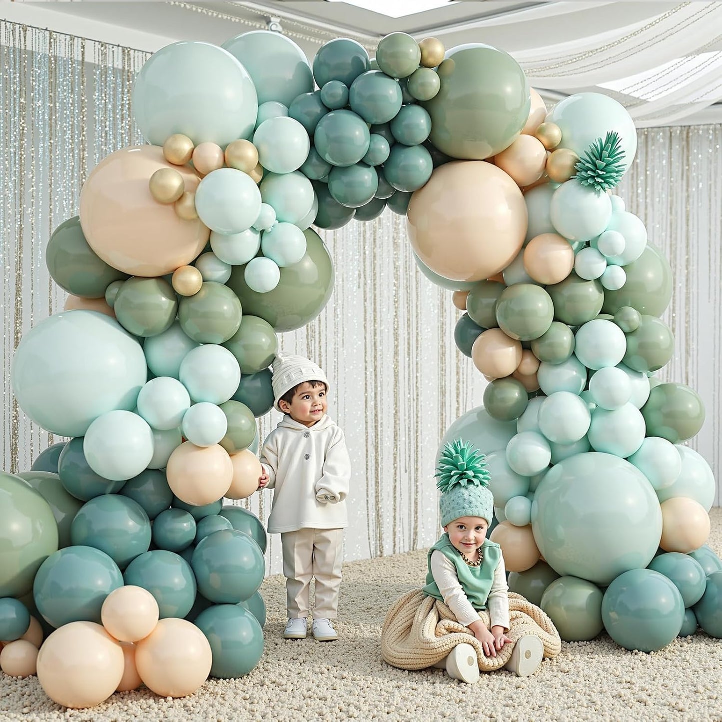 412Pcs Dusty Blue Green Balloon Garland Arch Kit,Haze Fog Blue Ash Mist Sage Green Sand White Gold Balloons Different Sizes Matte Latex Balloons for Baby Shower Birthday Wedding Party Decorations