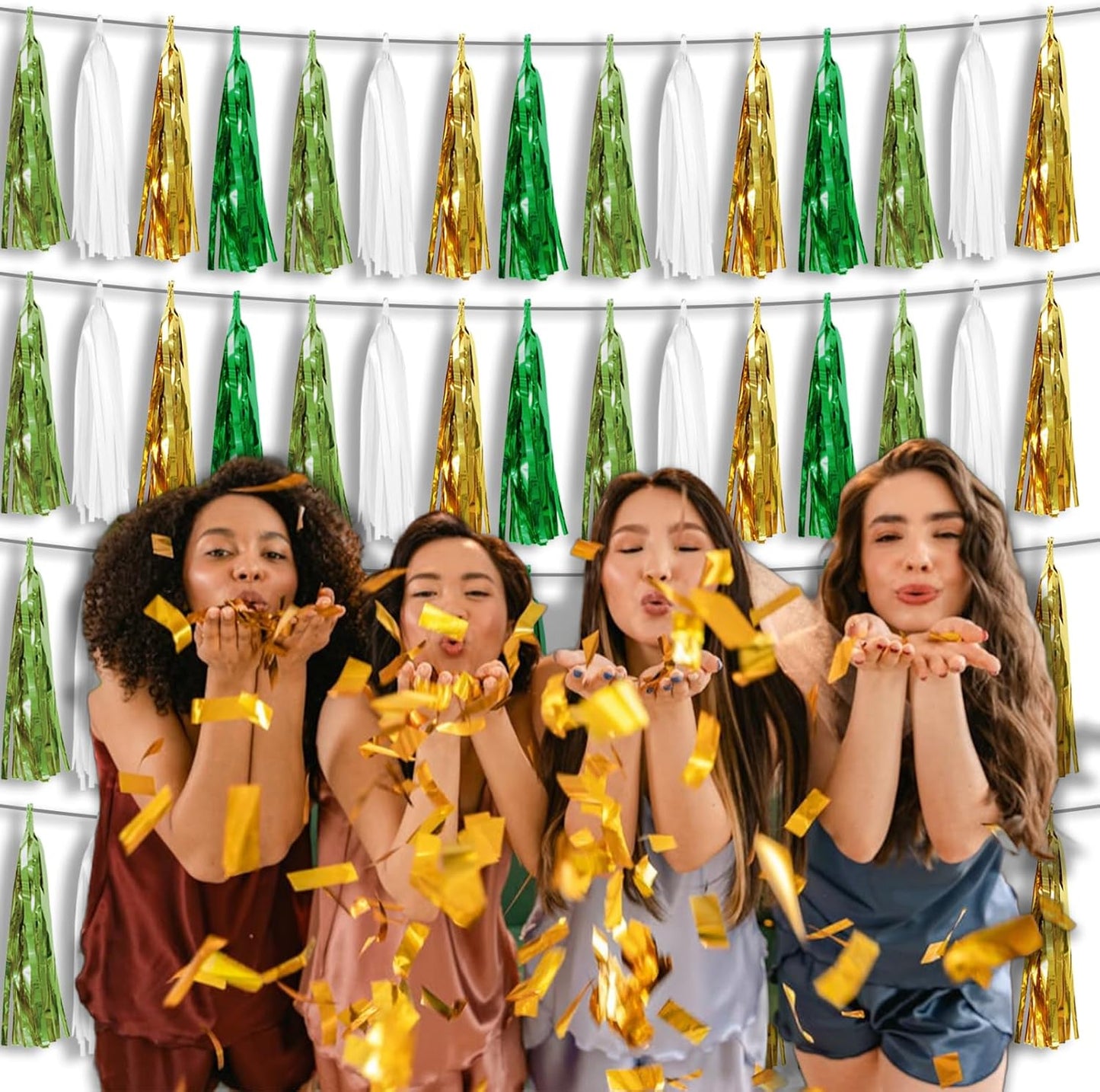 4P Sage-Green Gold Foil Fringe Tassel Banner Garland Metallic Tinsel Streamers Wall Hanging Curtain Backdrop Banners for Parade Floats, 2024 Graduation Decorations, Woodland Party Decoration