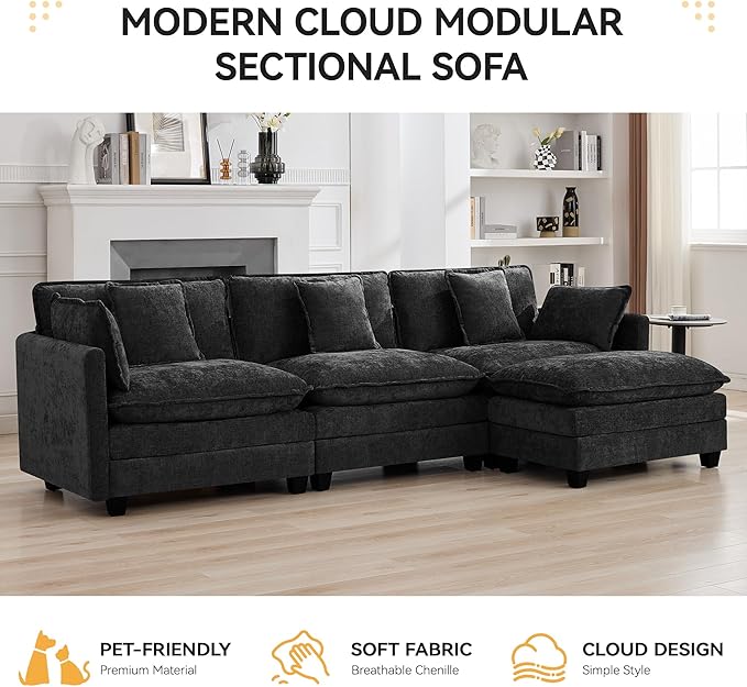 111'' Sectional Cloud Deep Seat Couch, Modern Comfy Chenille L Shaped Sectional - Image 7