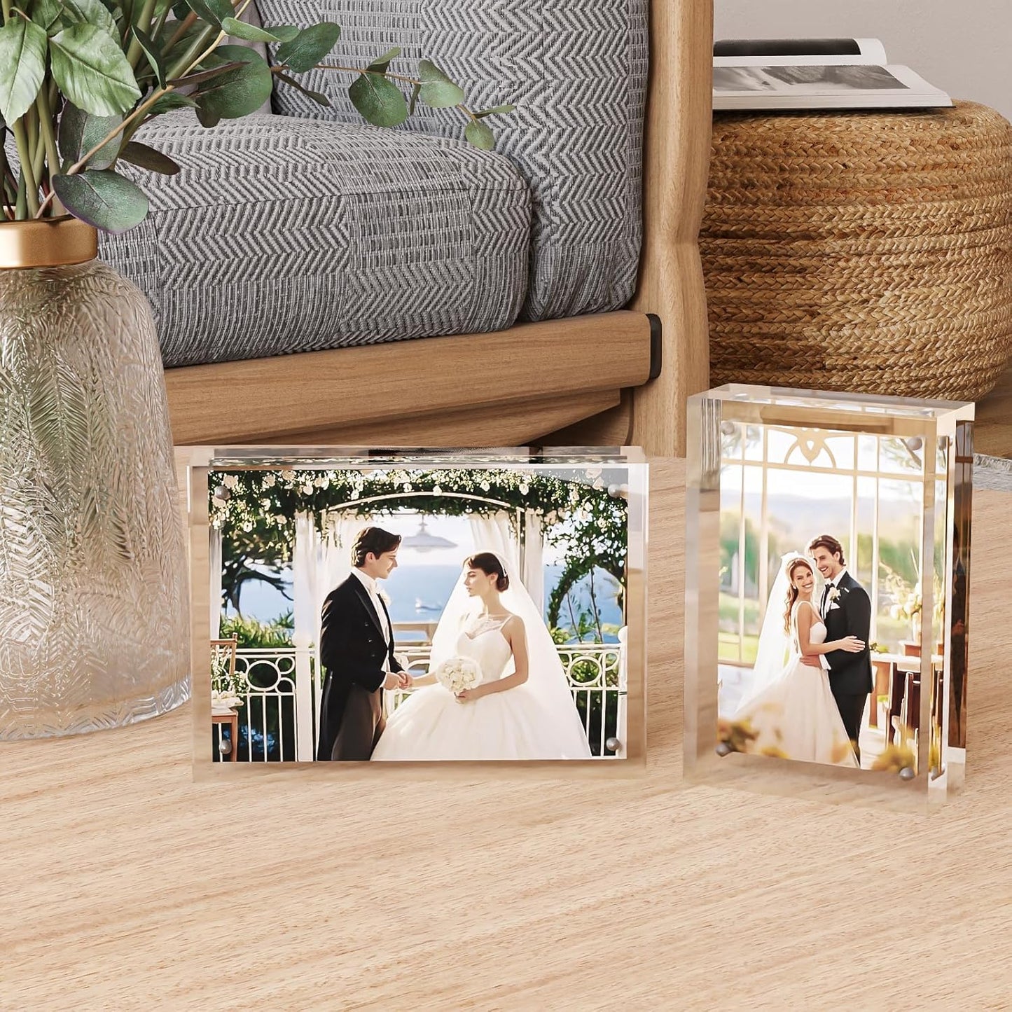 Egofine 5x5 Acrylic Frames 2 Pack, 20mm Thicker Frameless Clear Picture Frames, Double Sided Magnetic Picture Frames, Free Standing Desktop Display