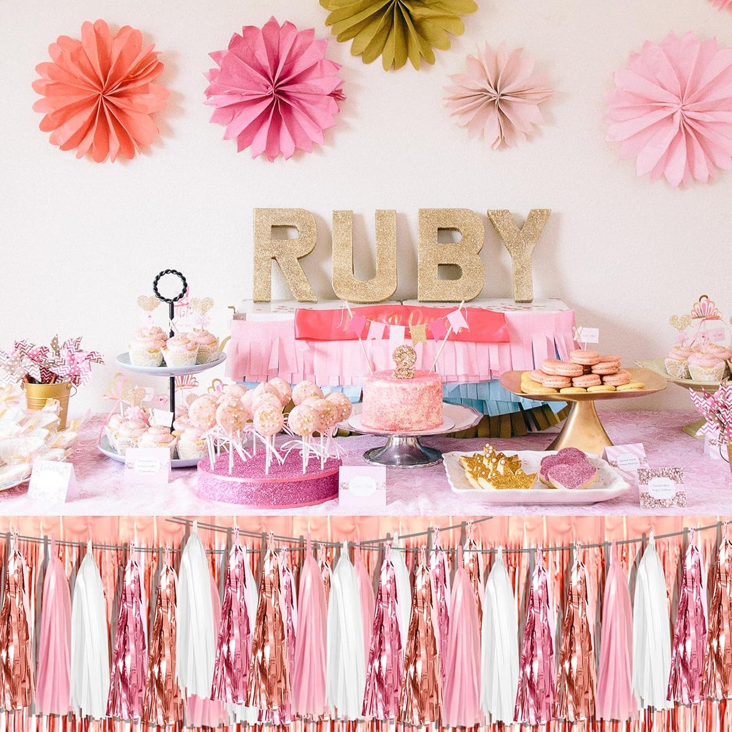 8P Pink White Peach Rose Gold Tassels Foil Fringe Metallic Garland Banner, Tassels Banner Streamers for Parade Floats, Wedding, Birthday, Christmas, Bridal/Baby Shower Graduation Party Decorations