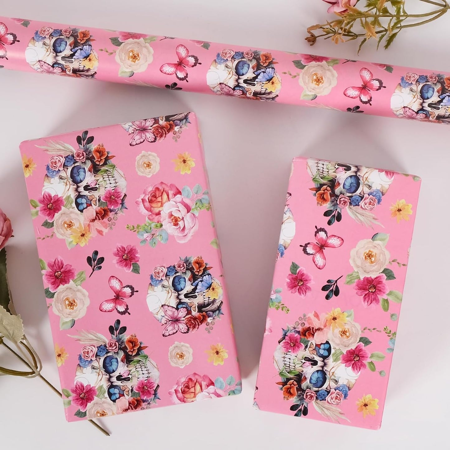 Aimyoo Gothic Wrapping Paper Roll, 17 Inch X 33 Feet Skull Floral Butterfly Design Gift Wrap Paper for Mother's Day, Birthday Bridal Shower