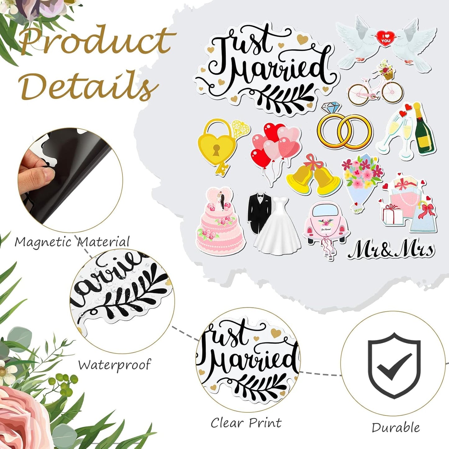 16 Pcs Just Married Car Decorations Include 14 Assorted Ornate Car Magnets Just Married Window Decal and Cardstock Sign Banner Wedding Decorations for Bridal Shower Honeymoon Photo Props