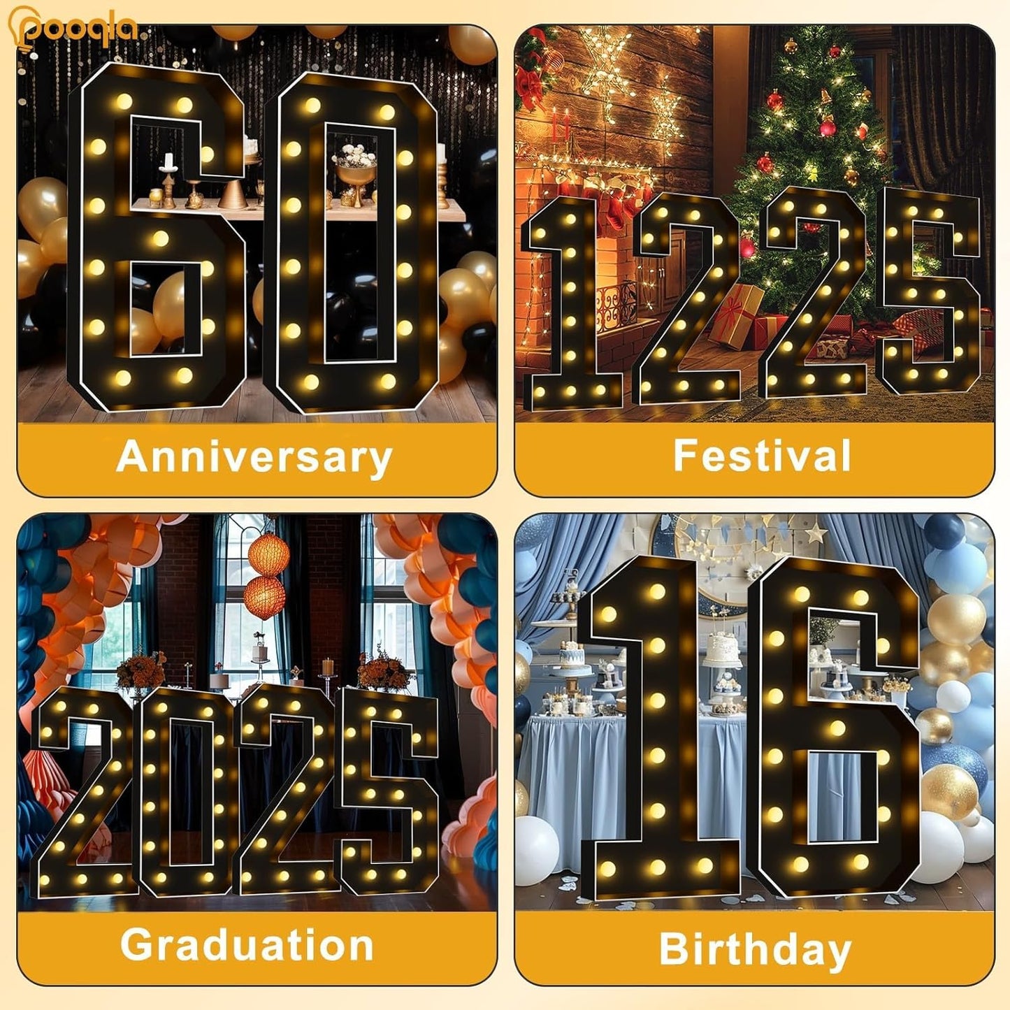 Pooqla 4 FT Light Up Marquee Numbers, Black Letter Big Mosaic Numbers 4 Feet Tall for 1st 16th 21st Birthday, Giant Marquee Number Lights for Balloons Party Anniversary Wedding Decorations, Number 1