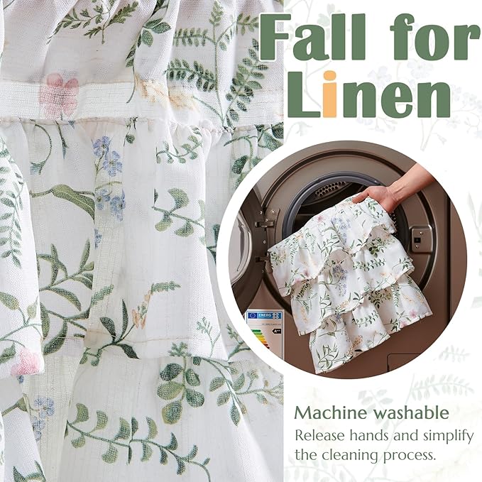 jinchan Ruffled Floral Valance Linen Shabby Chic Small Window Curtain 18 Inch - Image 9
