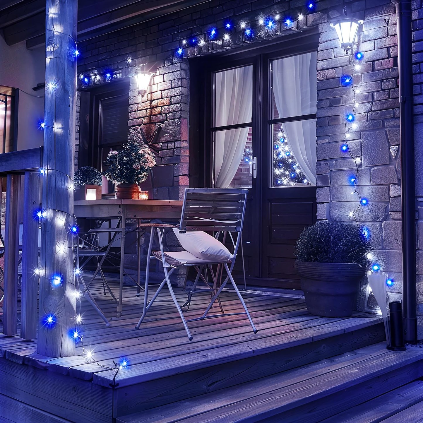 JMEXSUSS 2 Pack Blue & White Solar String Lights, Each 100 LED 33ft, Waterproof, 8 Modes for Outside Garden Patio Party Decoration