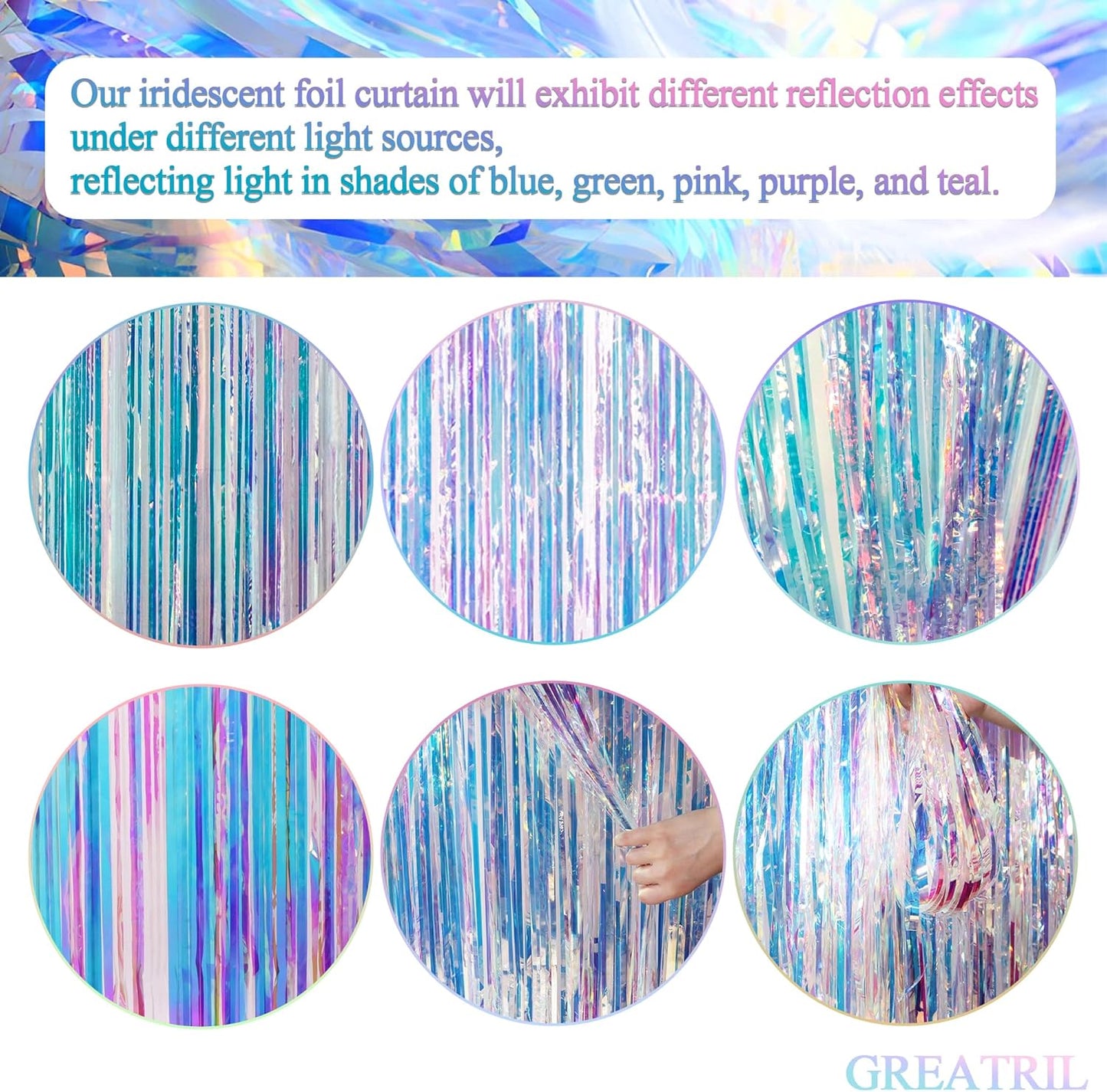 Iridescent Party Streamers Backdrop - GREATRIL Neon Transparent Holographic Tinsel Foil Fringe Curtain for Mermaid/Frozen/Sea/Euphoria/ERAS Party Theme Decorations 3.2ft x 6.5ft 2 PCS