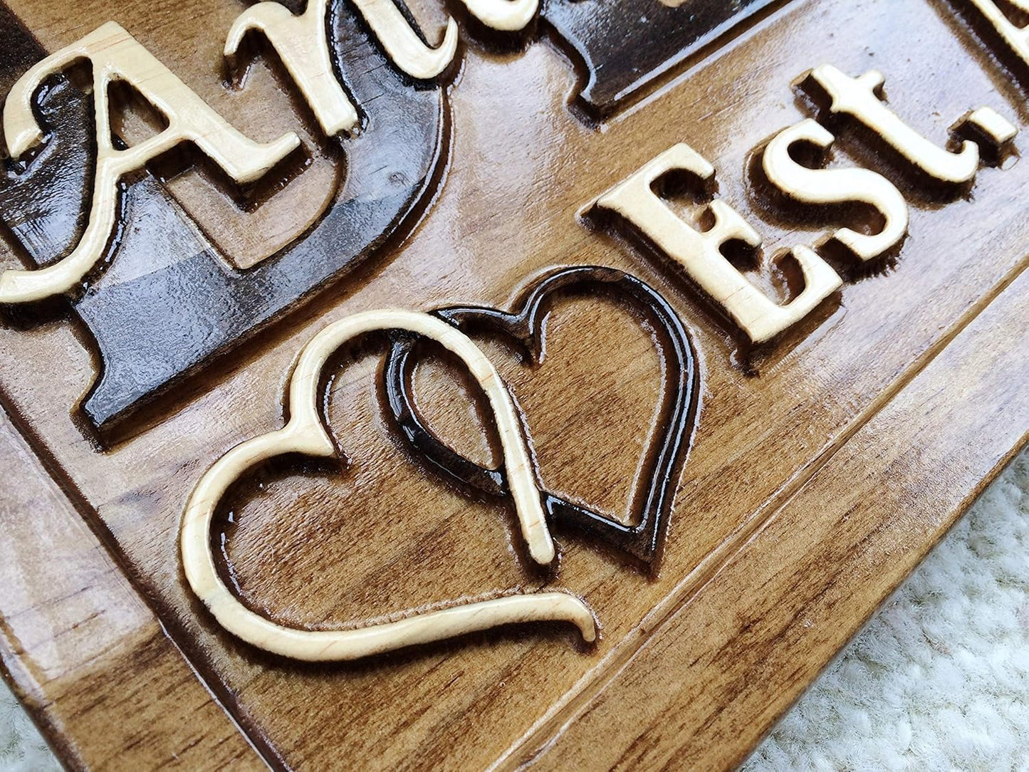 Personalized Wedding Gift Last Name Established Sign Family Name Signs Custom Wood Sign Carved Wood Sign 3D Hearts 5 Year Anniversary