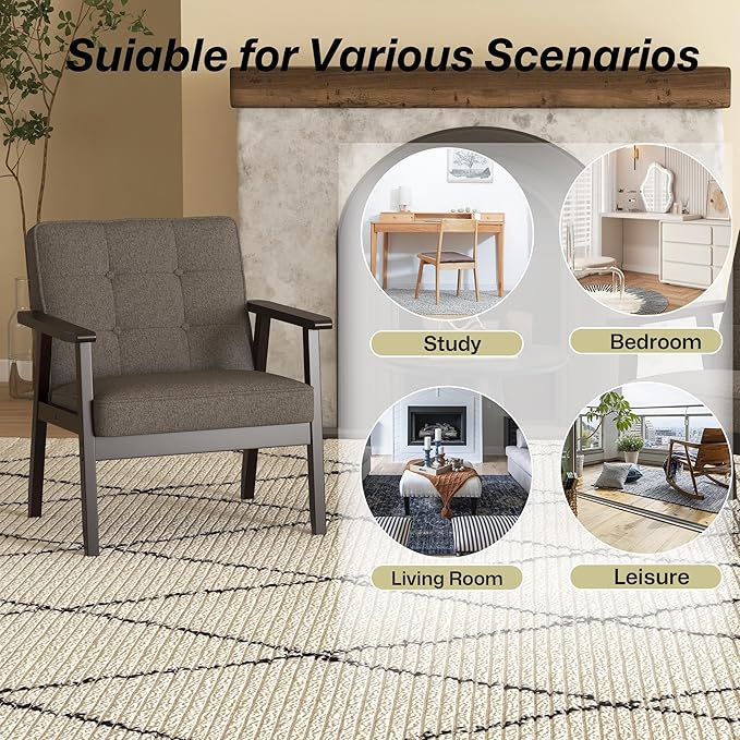 Modern Accent Chair with Arm Rest, Upholstered Linen Fabric Leisure Chair with - Image 9