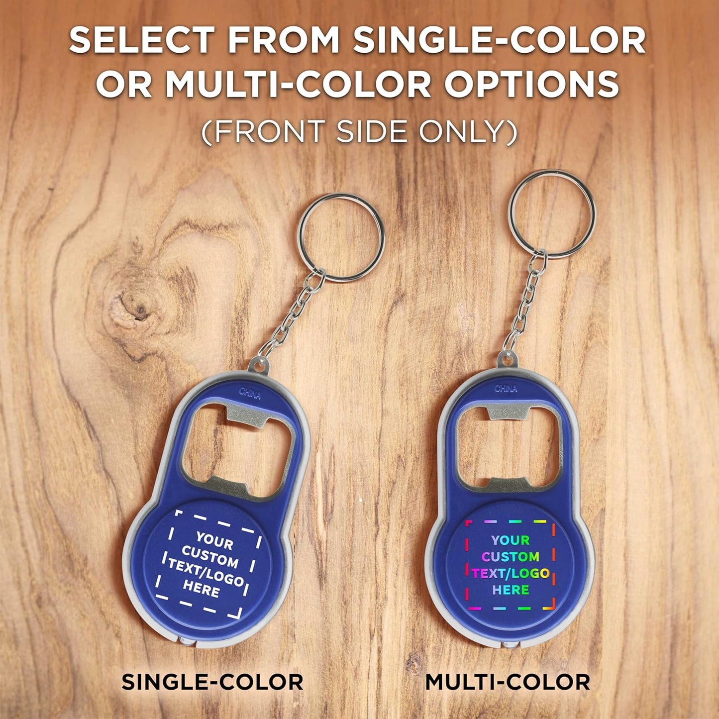 DISCOUNT PROMOS Custom Bottle Opener & LED Keychains Set of 50, Personalized Bulk Pack - Perfect for Tradeshows, Party Favors, Other Events - Blue