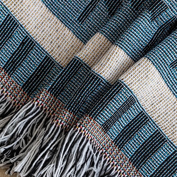 VClife Boho Couch Cover White Blue Plaid Stripe Couch Cover Washable L Shape - Image 9