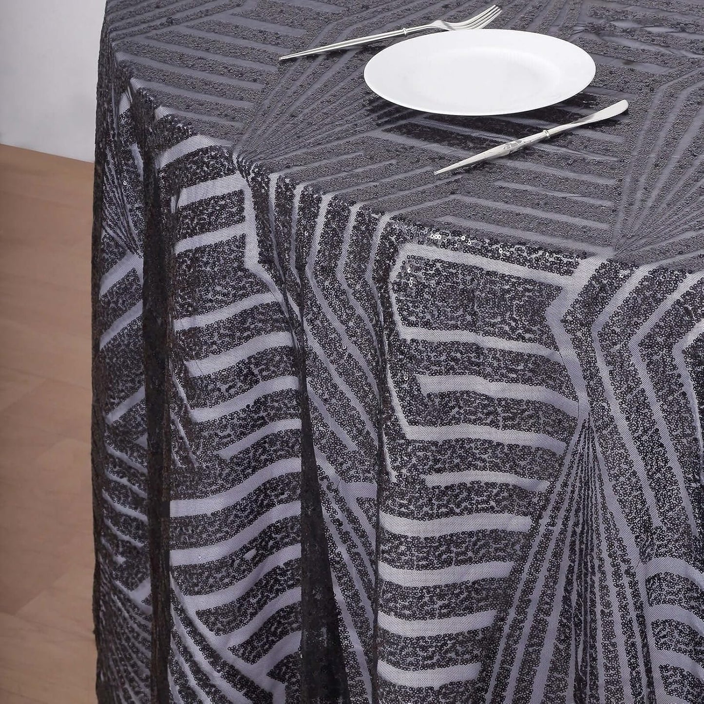 Efavormart 120" Black Sparkly Sequin Geometric Tulle Round Tablecloth