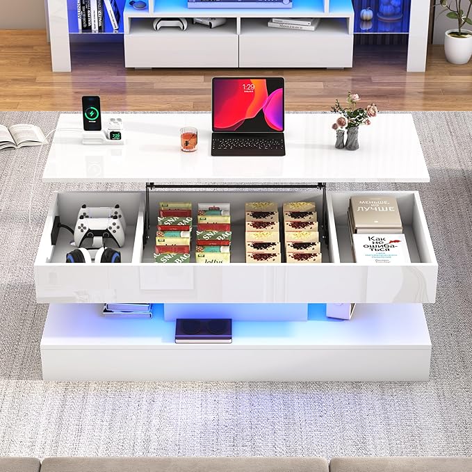 47.2" Large Lift Top Coffee Table, Modern High Glossy LED Coffee Tables - Image 7