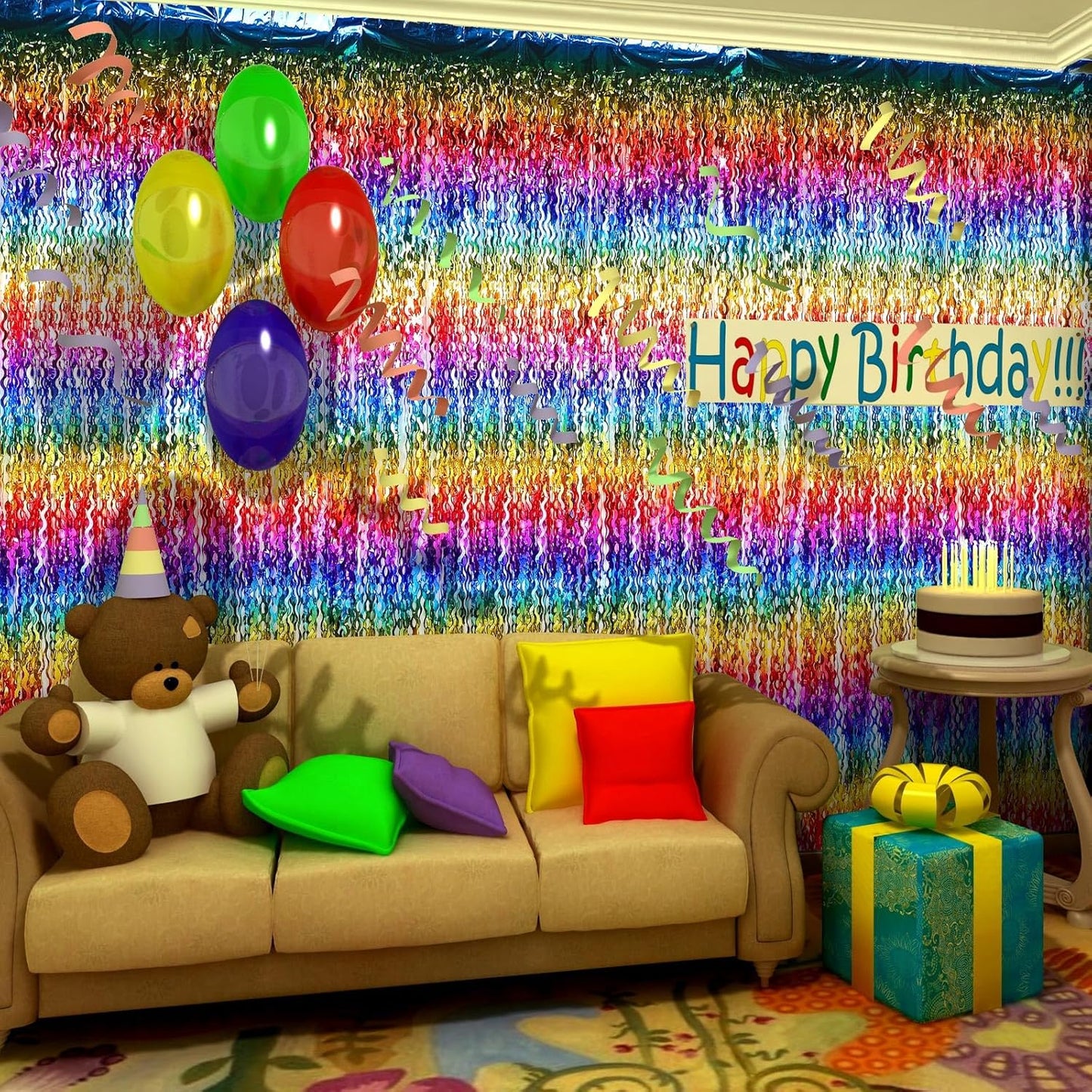 Jutom 6 Pieces 3.3 x 6.6 ft Wavy Tinsel Foil Fringe Curtains Foil Fringe Streamer Backdrop Party Curtain for Sea Mermaid Baby Shower Birthday Party Decoration (Rainbow)