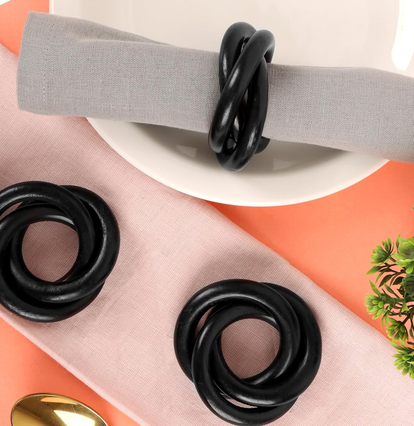 Three Ring Wooden Napkin Rings Set of 12 - Acacia Wood Interlocked Napkin Holder Cuffs for Dinner Table Décor - Rustic Modern Serviette Rings for Weddings, Parties, Receptions (Black) - CLEENTABLE