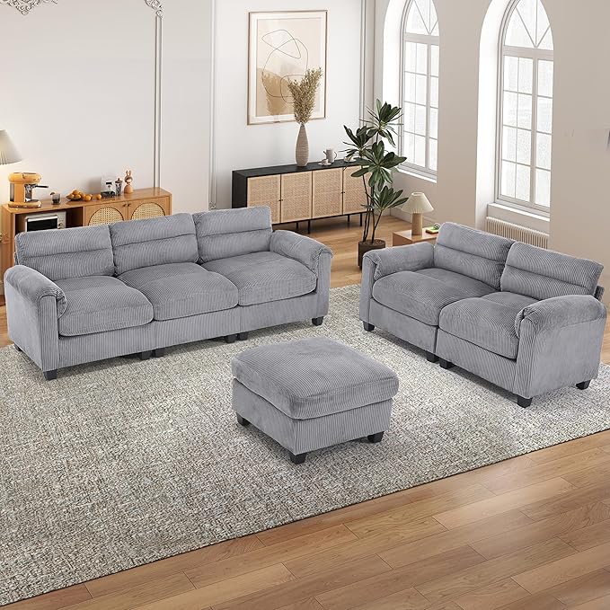 HAOMARKETS Corduroy 3-Piece Sofa Set, Upholstered Ottoman, Loveseat 2-Seater - Image 7