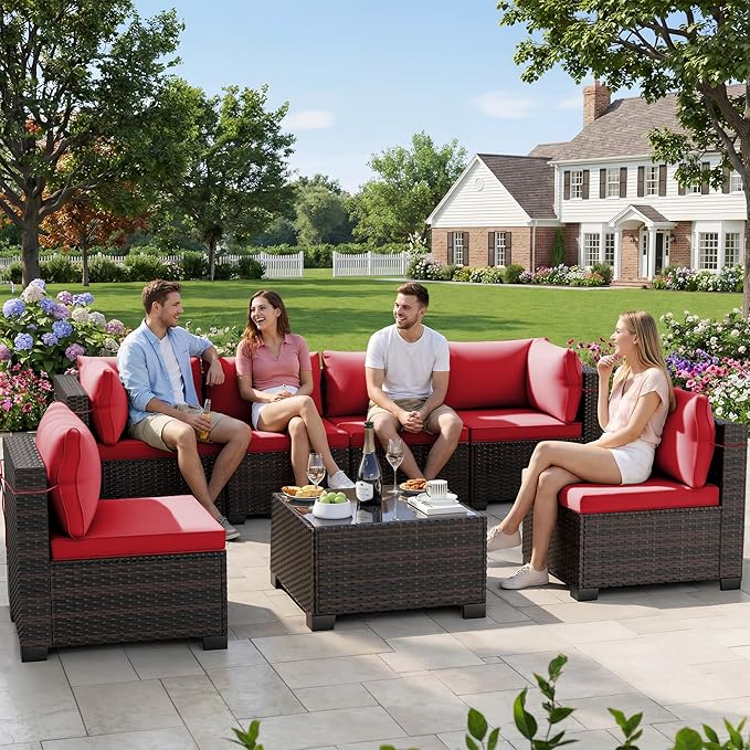 CHABATREE 7pcs Outdoor Patio Furniture Sets, Rattan Conversation Sectional Set - Image 7
