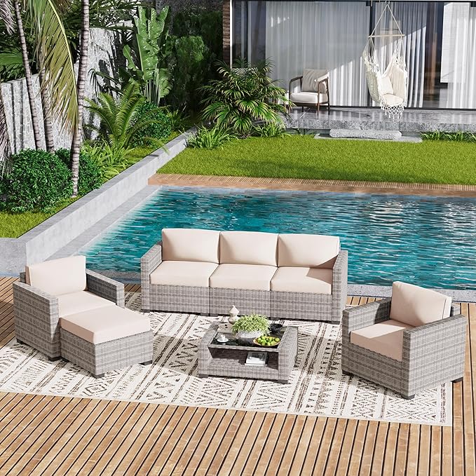 LOUVIXA 7 Piece Outdoor Patio Furniture Set, Rattan Chairs Glass Table Wicker - Image 9