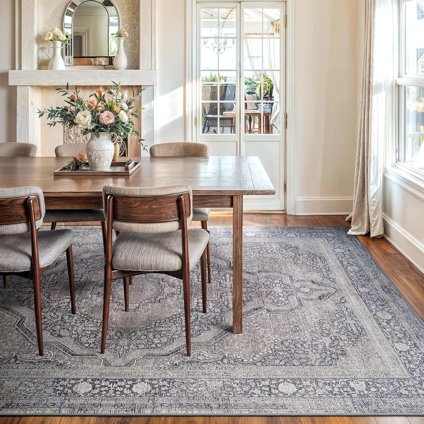 Bloom Rugs Washable Non-Slip 9' x 12' Rug - Blue/Steel Gray/Beige Traditional Medallion Area Rug for Living Room, Bedroom, Dining Room, and Kitchen - Exact Size: 9' x 12'