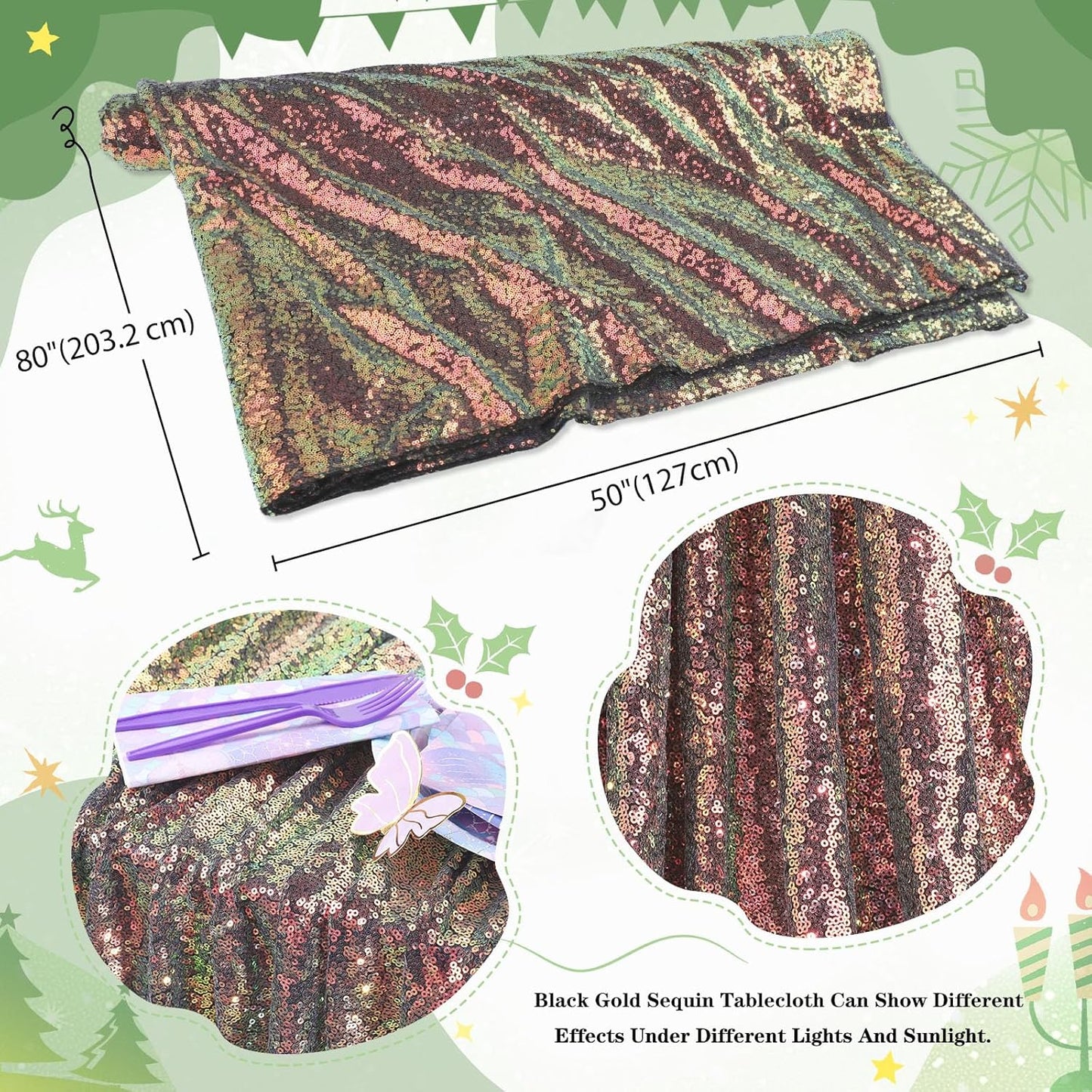 QueenDream Sparkly Sequin Tablecloth - Black GoldTable Cloth 50x80 Inches Rectangle Table Overlay Fabric for Birthday Parties Baby Shower Decoration