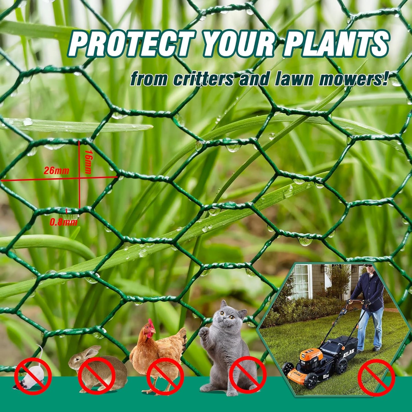 32.8FT x16Inch Plant Protectors from Animals - Wire Plant Protector Cages for Outdoor Plants, Free-Cut Metal Mesh Plant Covers Guards Fence, Chicken Wire Cloche with Ground Stakes,Zip Ties