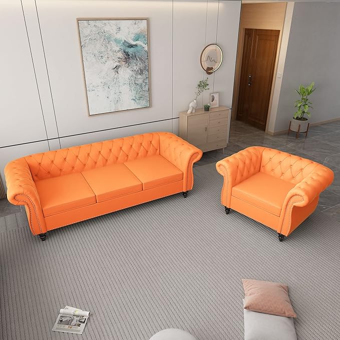 ORRD 2 Piece Living Room Set, Velvet Chesterfield Sofa Couch Chair - Image 8