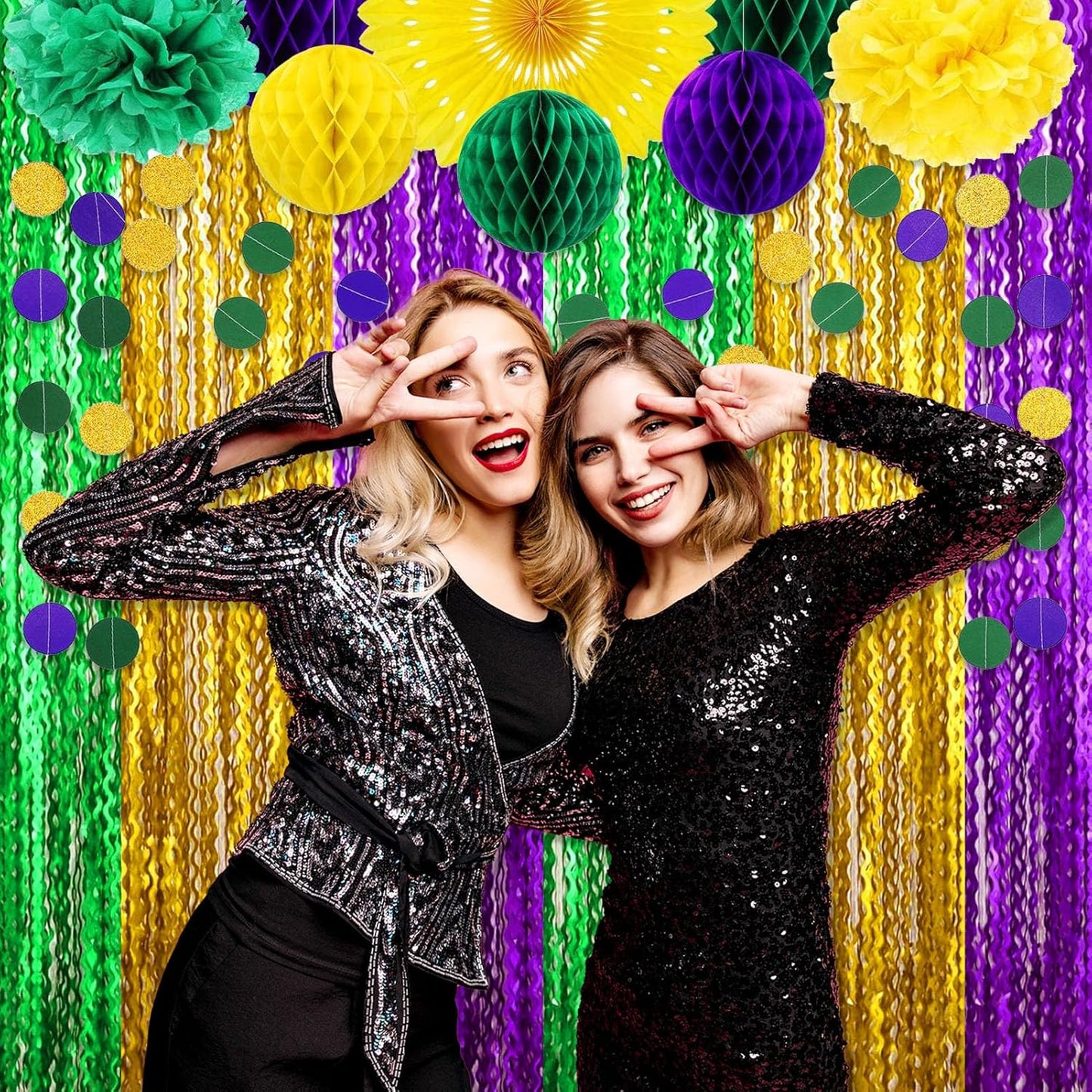 4 Pack Gold Green Purple Wave Foil Fringe Curtain Backdrop, 3.28Ft x 8.2Ft Metallic Tinsel Foil Fringe Streamer Curtains for Photo Booth, Mother's Day, Easter, Birthday, Wedding Party Decoration