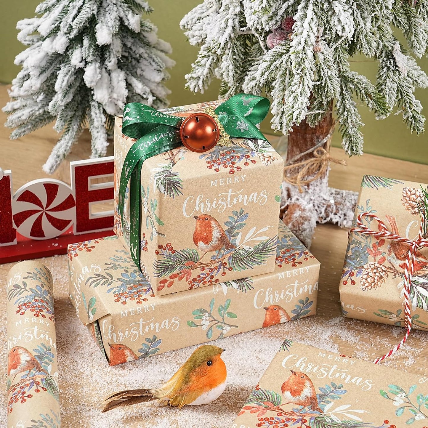 RUSPEPA Kraft Christmas Wrapping Paper Roll, Mini Roll, Vintage Bird on Pine Branch Design with Merry Christmas, Natural Scene Gift Wrap for Women, Friends, Family, Xmas Gifts, 17 Inches x 16.4 Feet