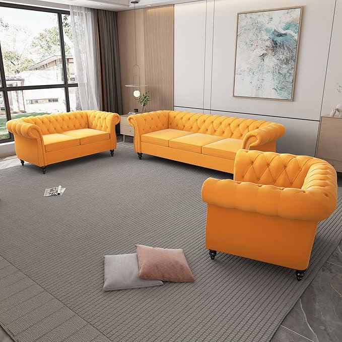 ORRD 3 Piece Living Room Set, Velvet Chesterfield Sofa Loveseat Couch Chair - Image 9