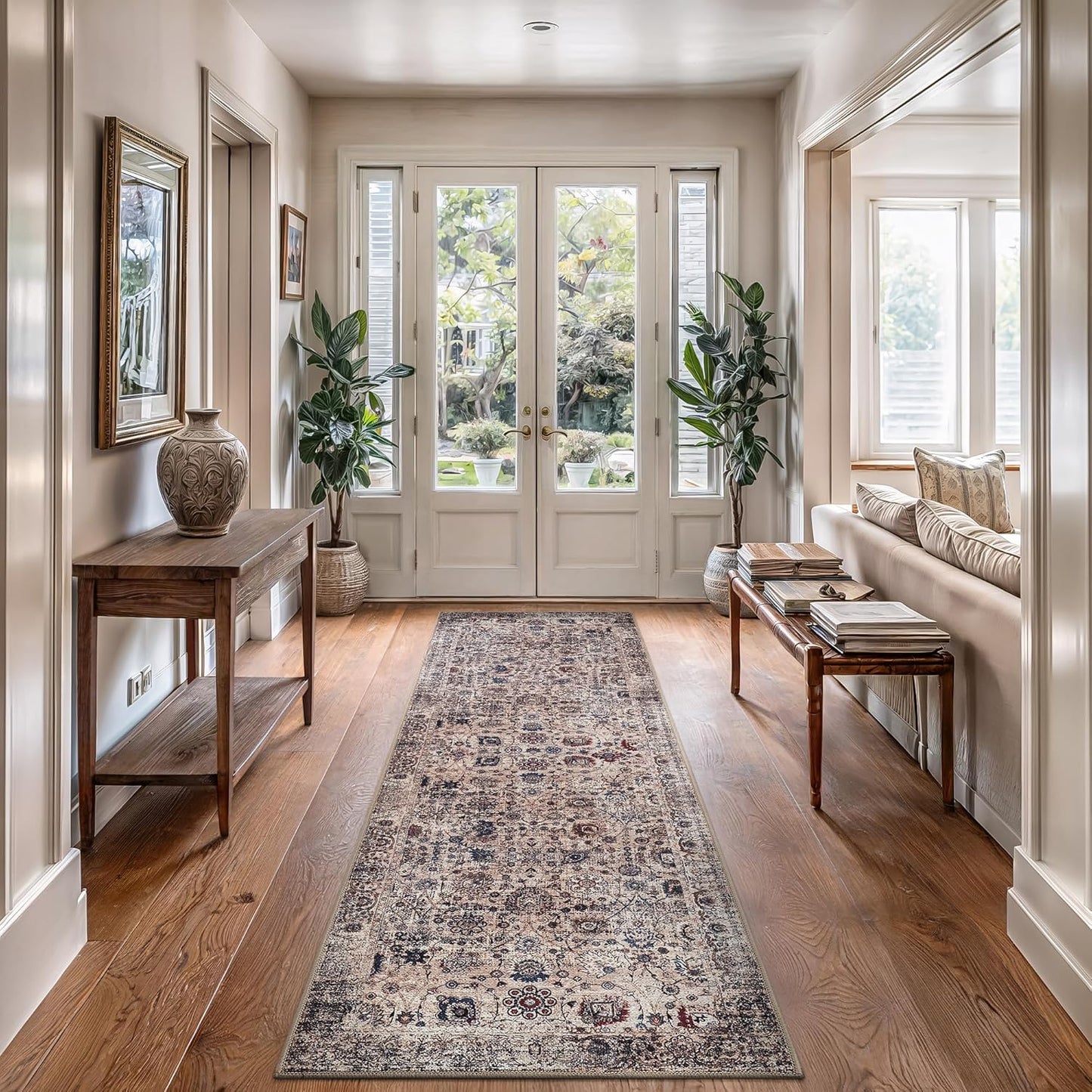 Bloom Rugs Washable Non-Slip 7 ft Runner - Light Tan/Blue Traditional Oriental Runner for Entryway, Hallway, Bathroom, and Kitchen - Exact Size: 2.5' x 7'