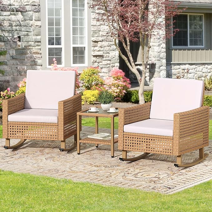 YITAHOME 3 Pieces Patio Wicker Rocking Chair Set, Outdoor Patio Furniture Set - Image 7